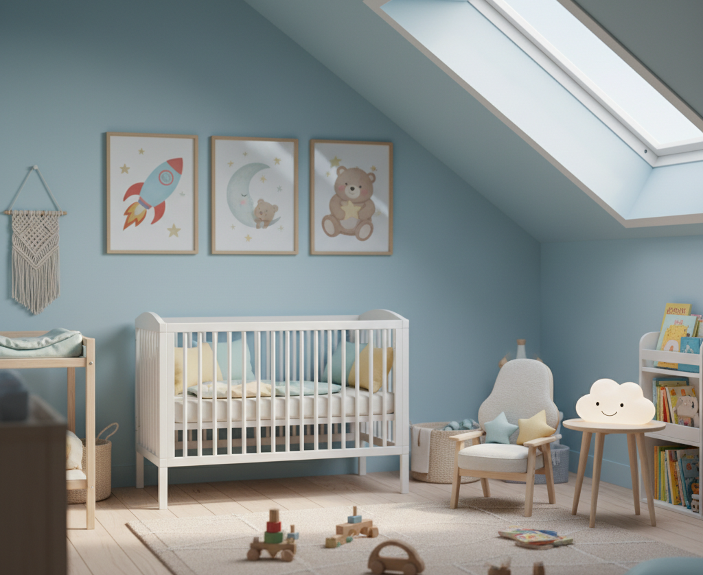 aranżacja przytulnego pokoju dziecięcego na poddaszu ze skosami pomalowanymi błękitną farbą