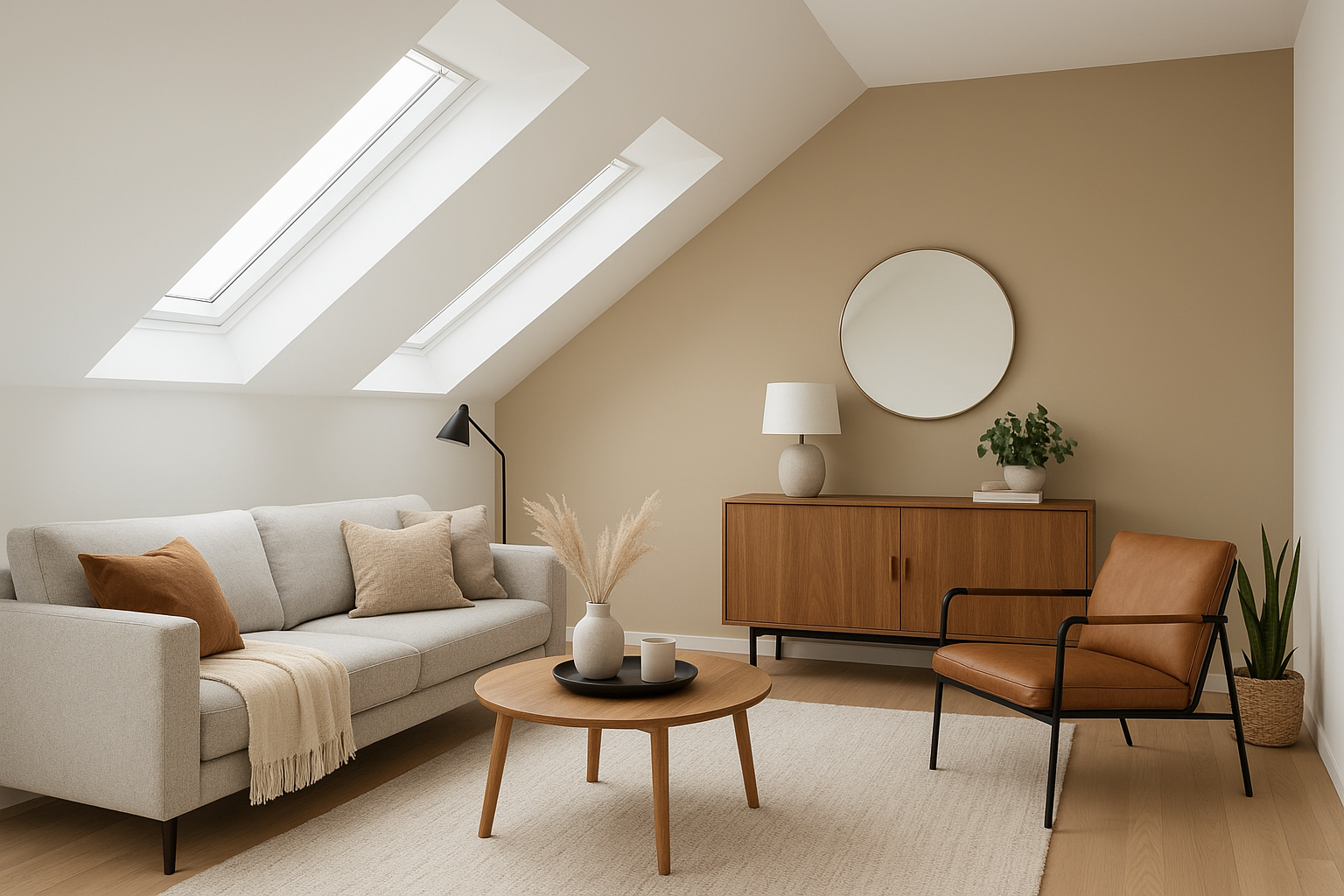 aranżacja salonu ze skosami na poddaszu z beżową ścianą w stylu klasycznym