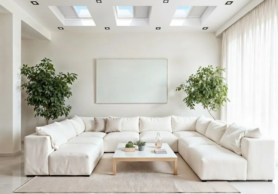 aranżacja salonu z oknami do dachu płaskiego