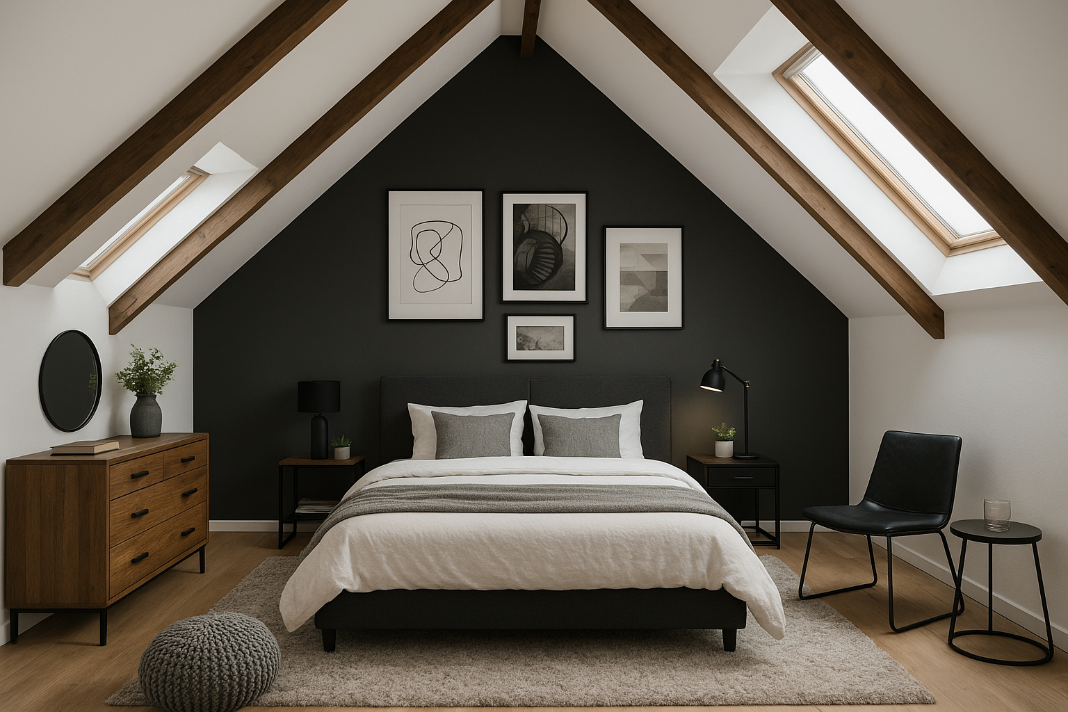 industrialna aranżacja salonu ze skosami ze ścianą pomalowaną ciemnografitową farbą