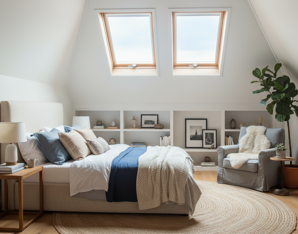 drewniane okno dachowe w sypialni na stylowym poddaszu
