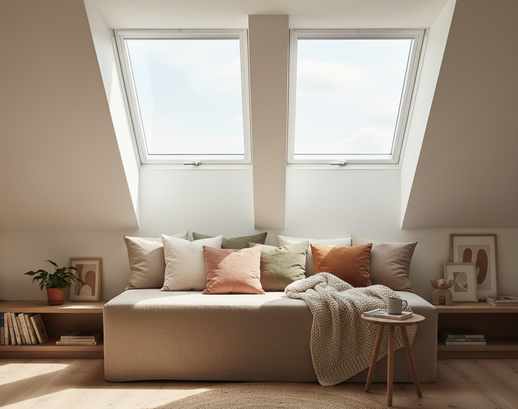 solidne i tanie okna dachowe w nowoczesnym salonie na poddaszu