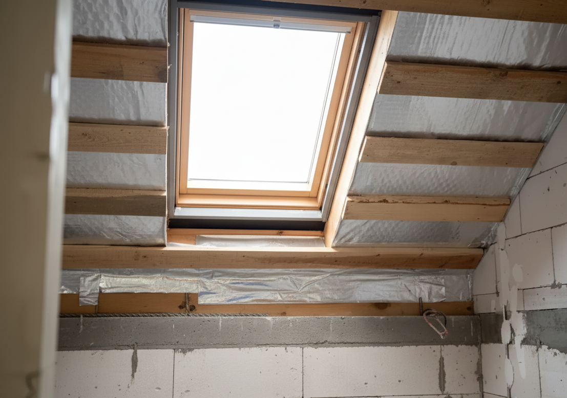 okno dachowe zamontowane między krokwiami na poddaszu użytkowym w trakcie remontu