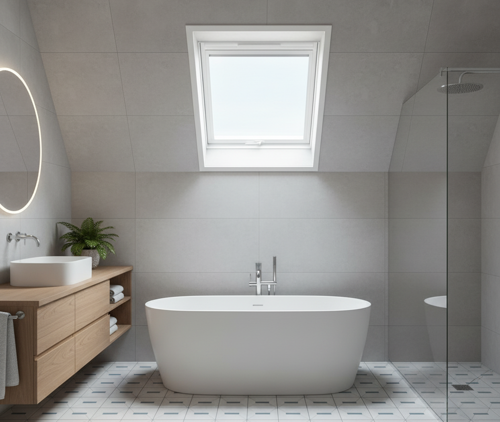 wodoodporne, plastikowe okno dachowe zamontowane w nowoczesnej łazience na poddaszu