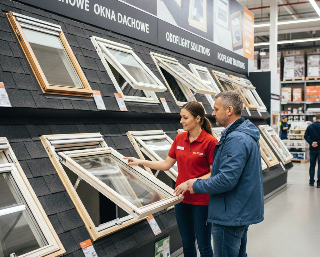 klient rozmawia ze sprzedawcą w sklepie z oknami dachowymi i wybiera odpowiedni produkt na swoje poddasze