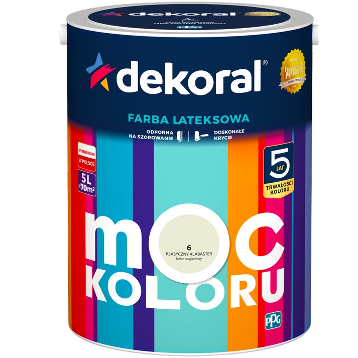 Farba do ścian i sufitów lateksowa DEKORAL MOC KOLORU Klasyczny Alabaster nr 6 mat 5l