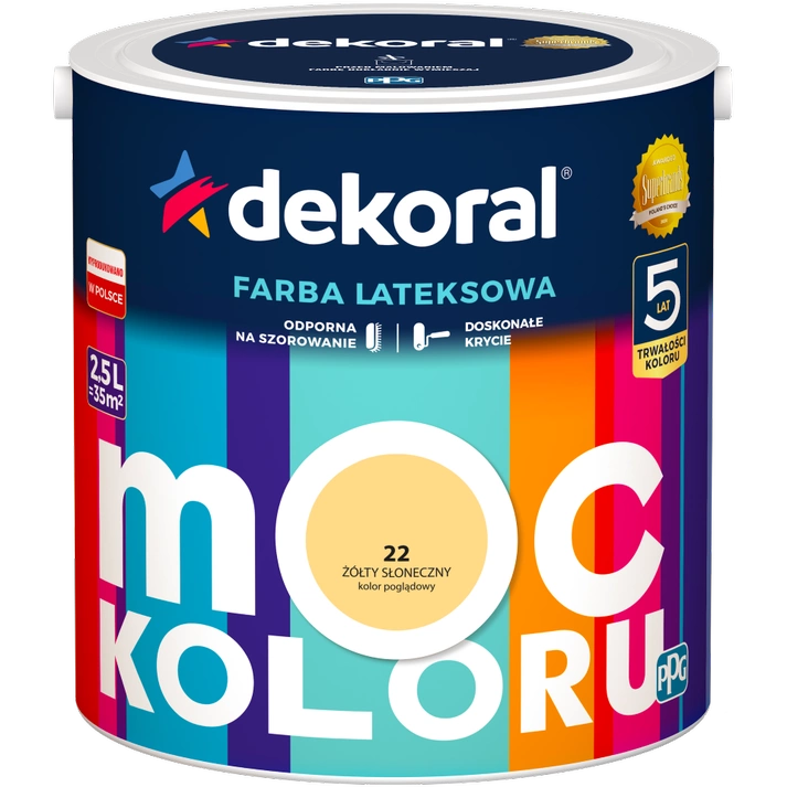 Farba do ścian i sufitów lateksowa DEKORAL MOC KOLORU Żółty Słoneczny nr 22 mat 2,5l