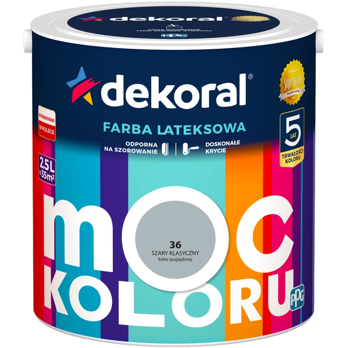 Farba do ścian i sufitów lateksowa DEKORAL MOC KOLORU Szary Klasyczny nr 36 mat 2,5l