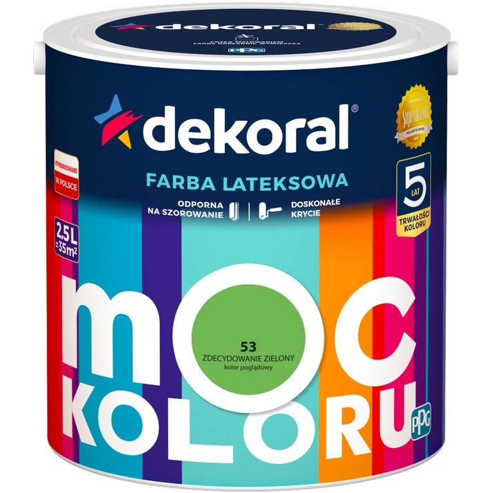 Farba do ścian i sufitów lateksowa DEKORAL MOC KOLORU Zdecydowanie Zielony nr 53 mat 2,5l