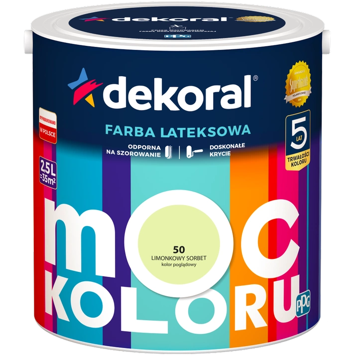 Farba do ścian i sufitów lateksowa DEKORAL MOC KOLORU Limonkowy Sorbet nr 50 mat 2,5l