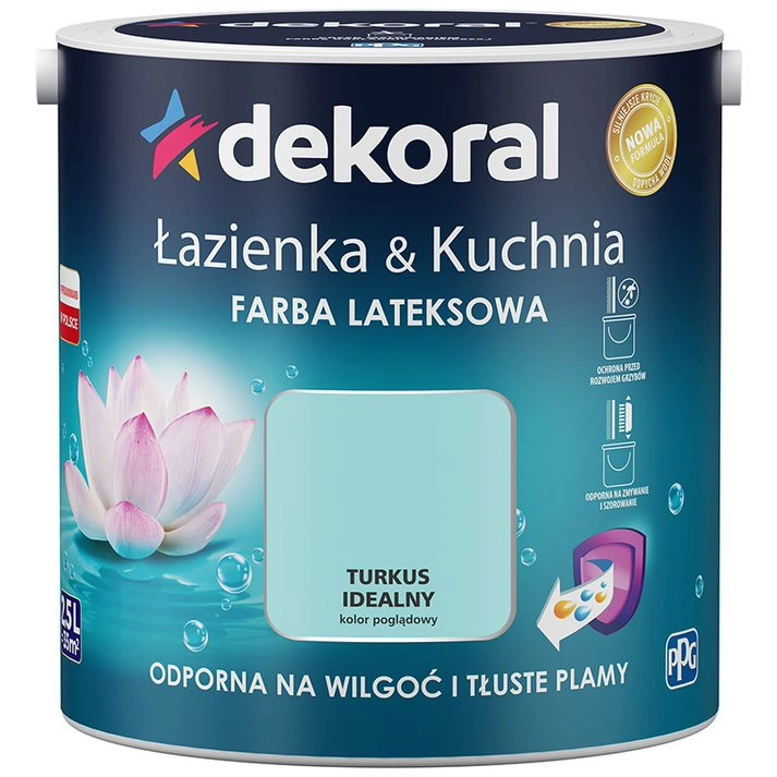 Farba do kuchni i łazienki lateksowa DEKORAL ŁAZIENKA & KUCHNIA turkus idealny satyna 2,5l