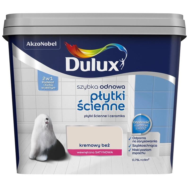 Farba do płytek ściennych i ceramiki akrylowa Dulux Szybka Odnowa Płytki Ścienne Kremowy beż satyna 0,75L