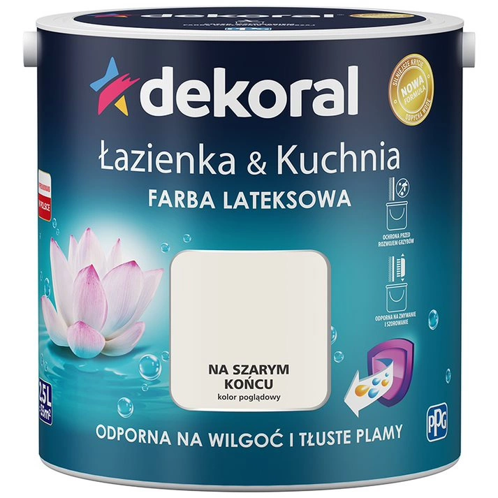 Farba do kuchni i łazienki lateksowa DEKORAL ŁAZIENKA & KUCHNIA na szarym końcu satyna 2,5l