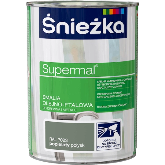 Farba do drewna i metalu olejno-ftalowa ŚNIEŻKA Supermal popielaty RAL7023 połysk 0,8l