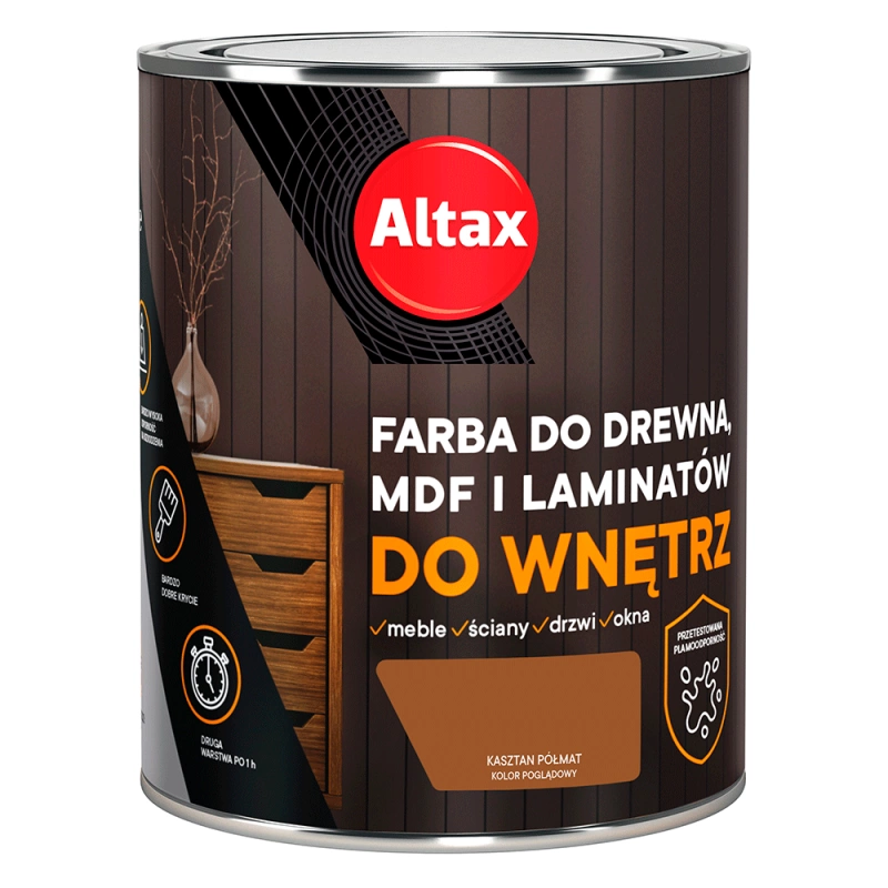 Farba do drewna,MDF i laminatów ALTAX do wnętrz kasztan półmat 0,75l