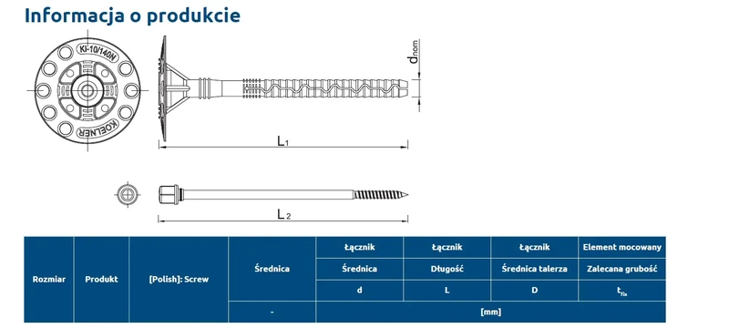 Kołek do mocowania izolacji wkręcany długa strefa rozporu RAWLPLUG KI-220NS 10x220mm - 250 szt.