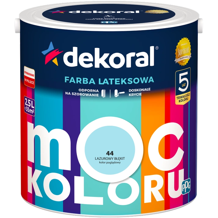 Farba do ścian i sufitów lateksowa DEKORAL MOC KOLORU Lazurowy Błękit nr 44 mat 2,5l