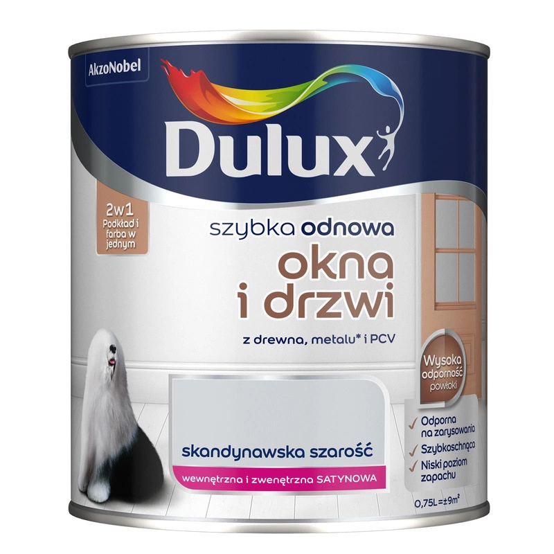 Farba do okien i drzwi akrylowa Dulux Szybka Odnowa Okna Drzwi Skandynawska Szarość satyna 0,75L