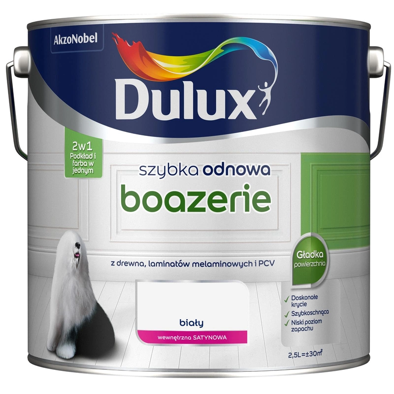 Farba do renowacji boazerii akrylowa Dulux Szybka Odnowa Boazerie Biały satyna 2,5L