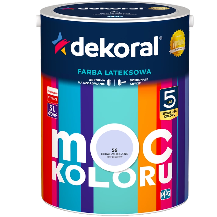 Farba do ścian i sufitów lateksowa DEKORAL MOC KOLORU Liliowe Zauroczenie nr 56 mat 5l