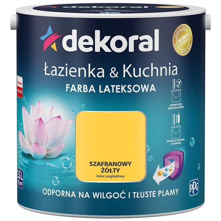 Farba do kuchni i łazienki lateksowa DEKORAL ŁAZIENKA & KUCHNIA szafranowy żółty satyna 2,5l