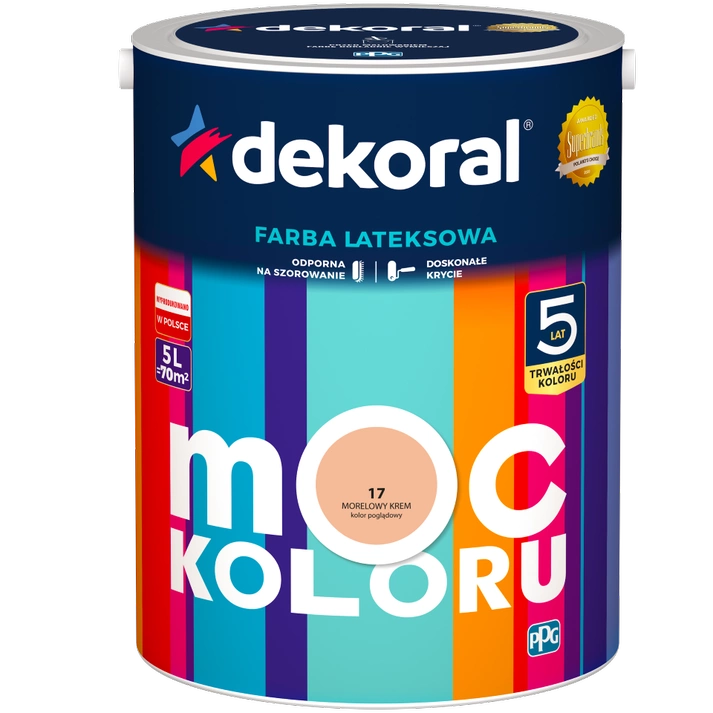 Farba do ścian i sufitów lateksowa DEKORAL MOC KOLORU Morelowy Krem nr 17 mat 5l