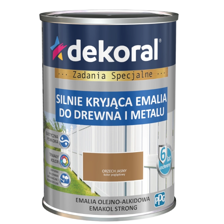 Farba ogólnego stosowania olejno-alkidowa DEKORAL SILNIE KRYJĄCA EMALIA DO DREWNA I METALU orzech jasny 0,9l
