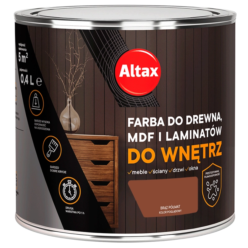 Farba do drewna,MDF i laminatów ALTAX do wnętrz brąz półmat 0,4l