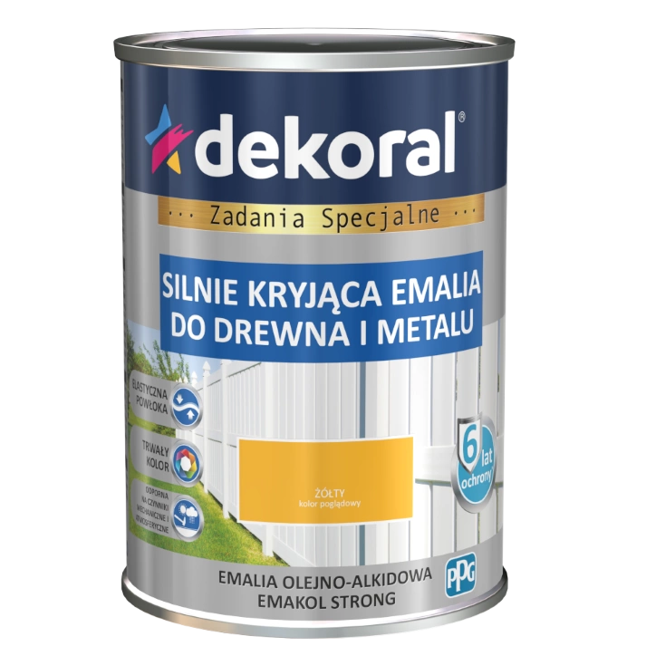 Farba ogólnego stosowania olejno-alkidowa DEKORAL SILNIE KRYJĄCA EMALIA DO DREWNA I METALU żółty 0,9l