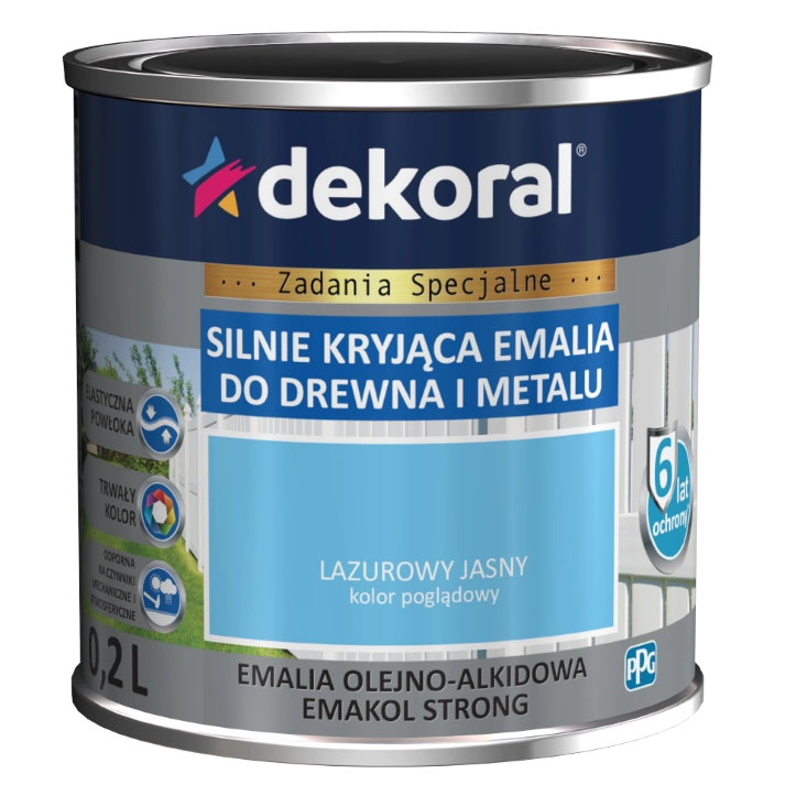 Farba ogólnego stosowania olejno-alkidowa DEKORAL SILNIE KRYJĄCA EMALIA DO DREWNA I METALU lazurowy jasny 0,2l