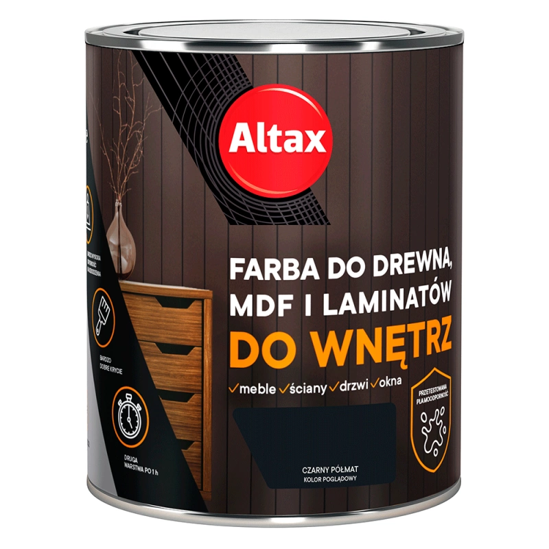 Farba do drewna,MDF i laminatów ALTAX do wnętrz czarny półmat 0,75l