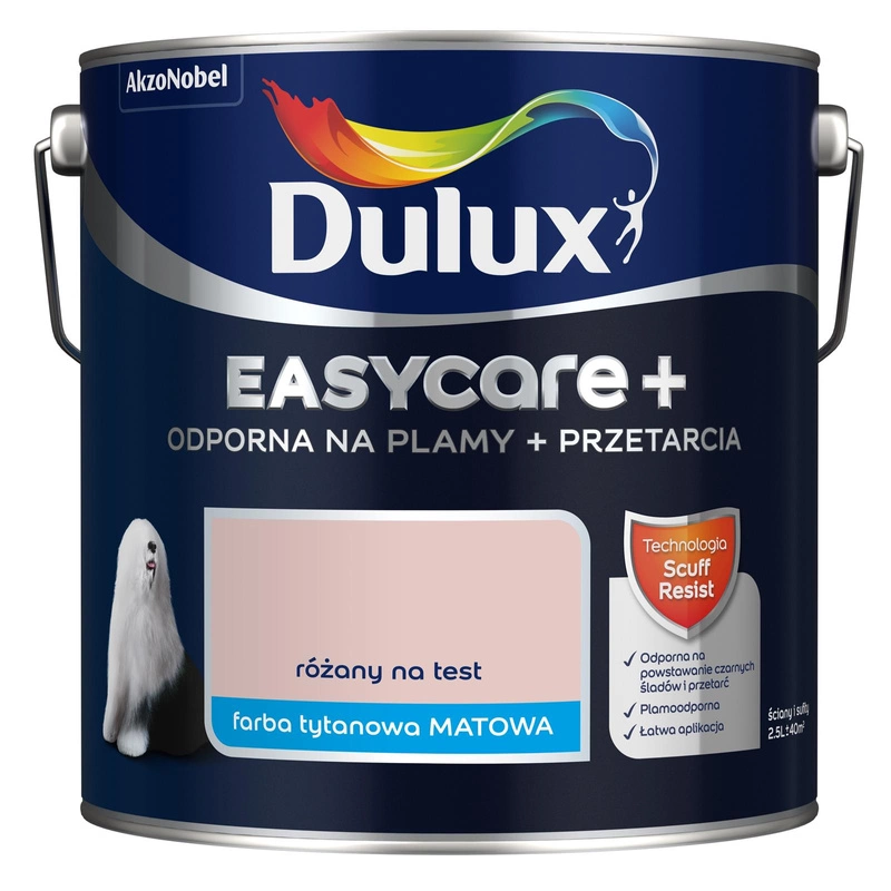 Farba do ścian i sufitów lateksowa Dulux EasyCare+ Plamy+Przetarcia Różany na Test mat 2,5L