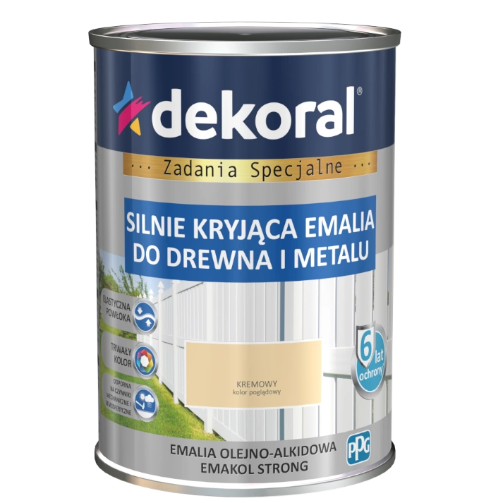 Farba ogólnego stosowania olejno-alkidowa DEKORAL SILNIE KRYJĄCA EMALIA DO DREWNA I METALU kremowy 0,9l