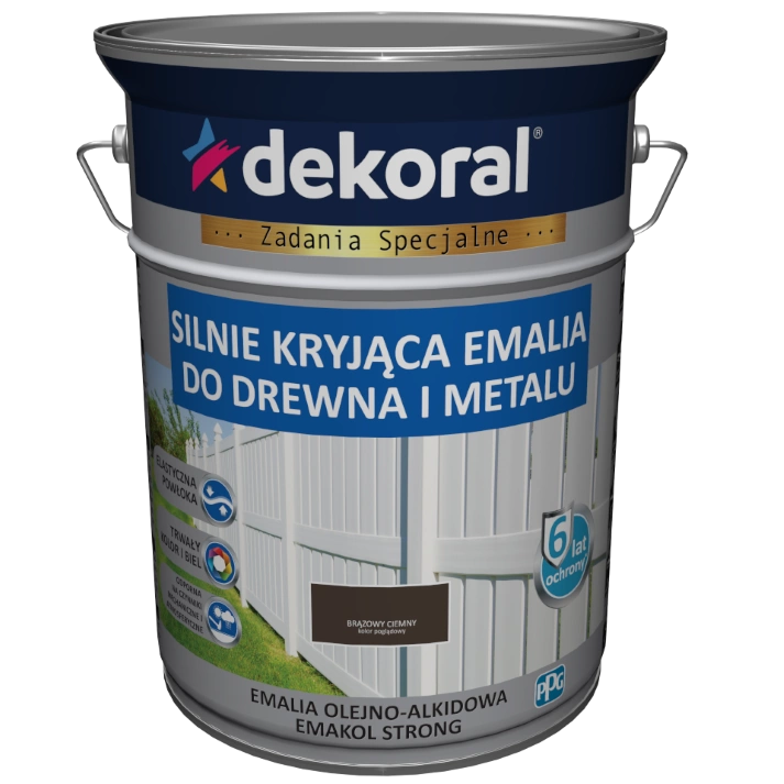 Farba ogólnego stosowania olejno-alkidowa DEKORAL SILNIE KRYJĄCA EMALIA DO DREWNA I METALU brązowy ciemny RAL 8017 5l