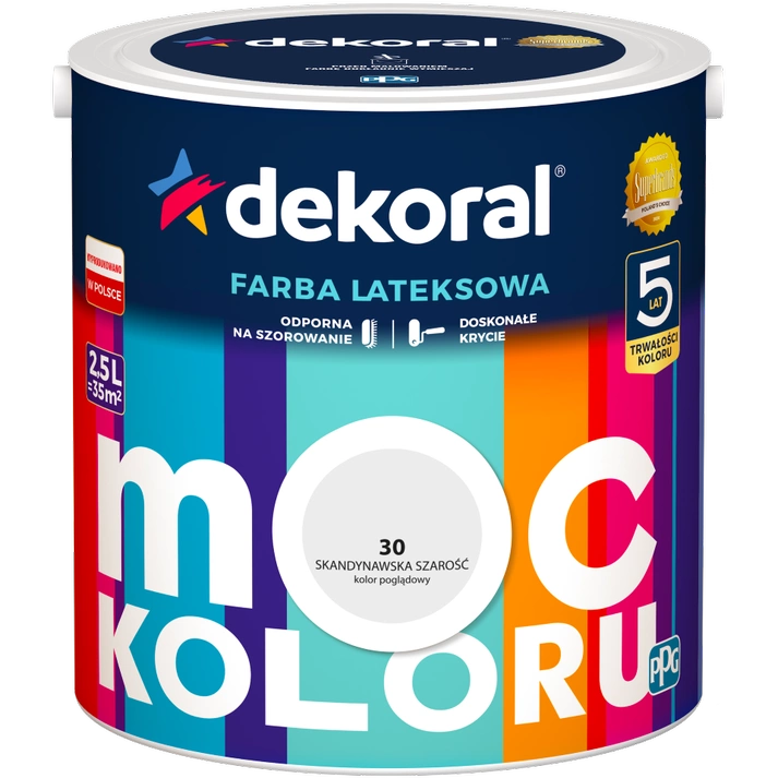 Farba do ścian i sufitów lateksowa DEKORAL MOC KOLORU Skandynawska Szarość nr 30 mat 2,5l