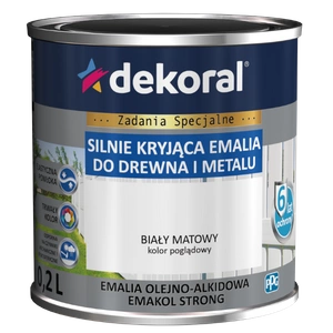 Farba ogólnego stosowania olejno-alkidowa DEKORAL SILNIE KRYJĄCA EMALIA DO DREWNA I METALU biały matowy RAL 9003-HR 0,2l