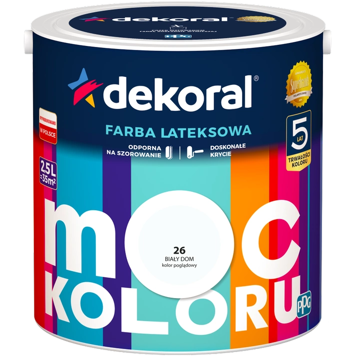 Farba do ścian i sufitów lateksowa DEKORAL MOC KOLORU Biały Dom nr 26 mat 2,5l