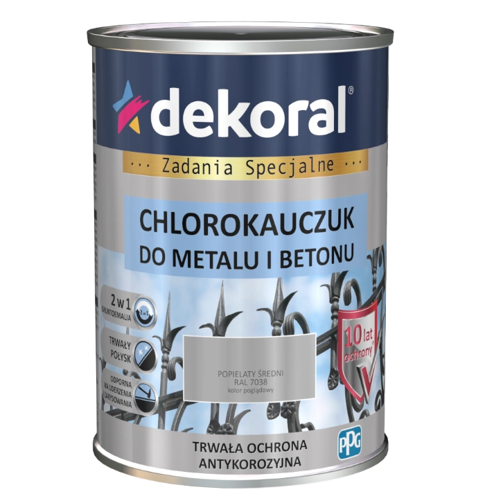 Farba do stali i żeliwa DEKORAL CHLOROKAUCZUK STRONG popielaty średni RAL 7038 0,9l