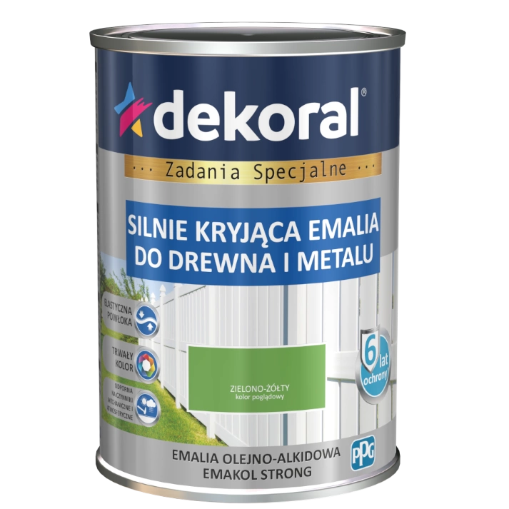 Farba ogólnego stosowania olejno-alkidowa DEKORAL SILNIE KRYJĄCA EMALIA DO DREWNA I METALU zielono-żółty RAL 6018 0,9l