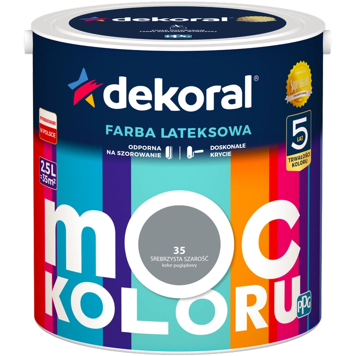 Farba do ścian i sufitów lateksowa DEKORAL MOC KOLORU Srebrzysta Szarość nr 35 mat 2,5l