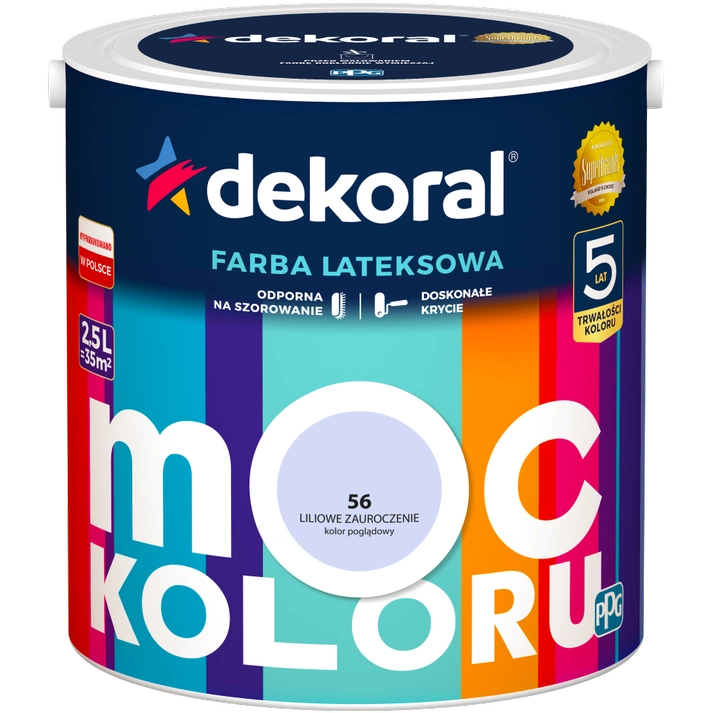 Farba do ścian i sufitów lateksowa DEKORAL MOC KOLORU Liliowe Zauroczenie nr 56 mat 2,5l