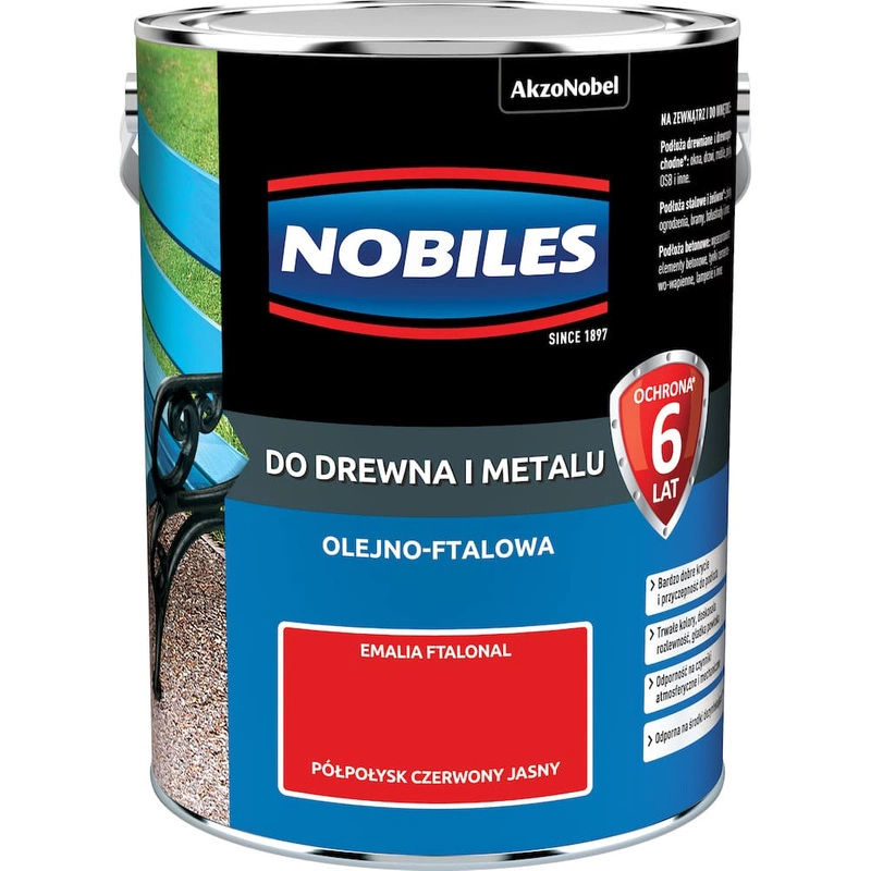 Farba do drewna i metalu olejno- ftalowa NOBILES FTALONAL Czerwony jasny półpołysk 5l