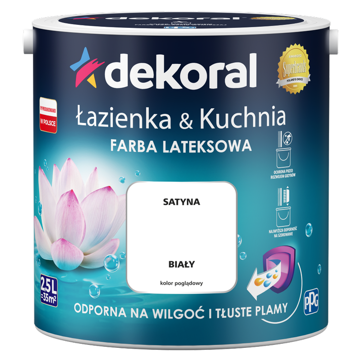 Farba do kuchni i łazienki lateksowa DEKORAL ŁAZIENKA & KUCHNIA biały satyna 2,5l