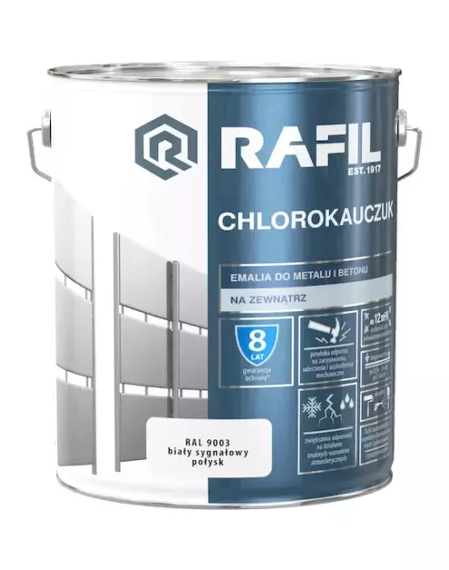 Farba do metalu i betonu chlorokauczukowa RAFIL biały sygnałowy RAL 9003 połysk 10l