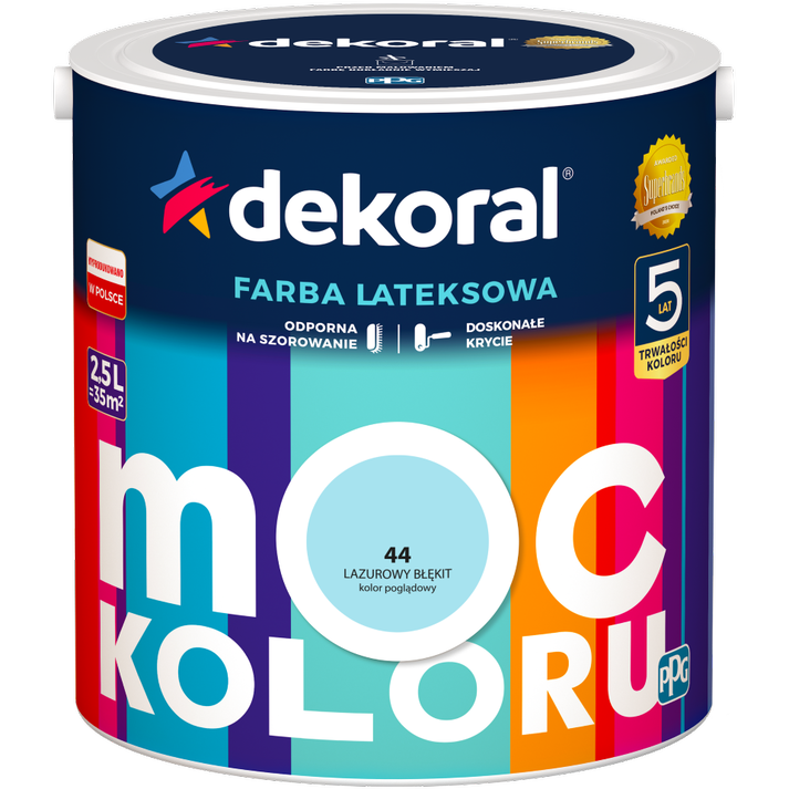 Farba do ścian i sufitów lateksowa DEKORAL MOC KOLORU Lazurowy Błękit nr 44 mat 2,5l