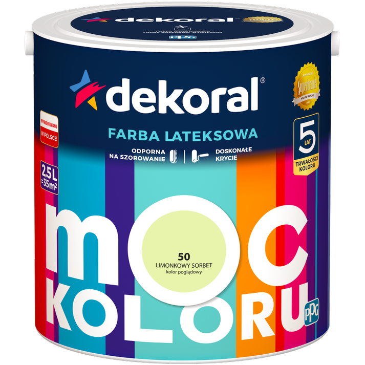 Farba do ścian i sufitów lateksowa DEKORAL MOC KOLORU Limonkowy Sorbet nr 50 mat 2,5l