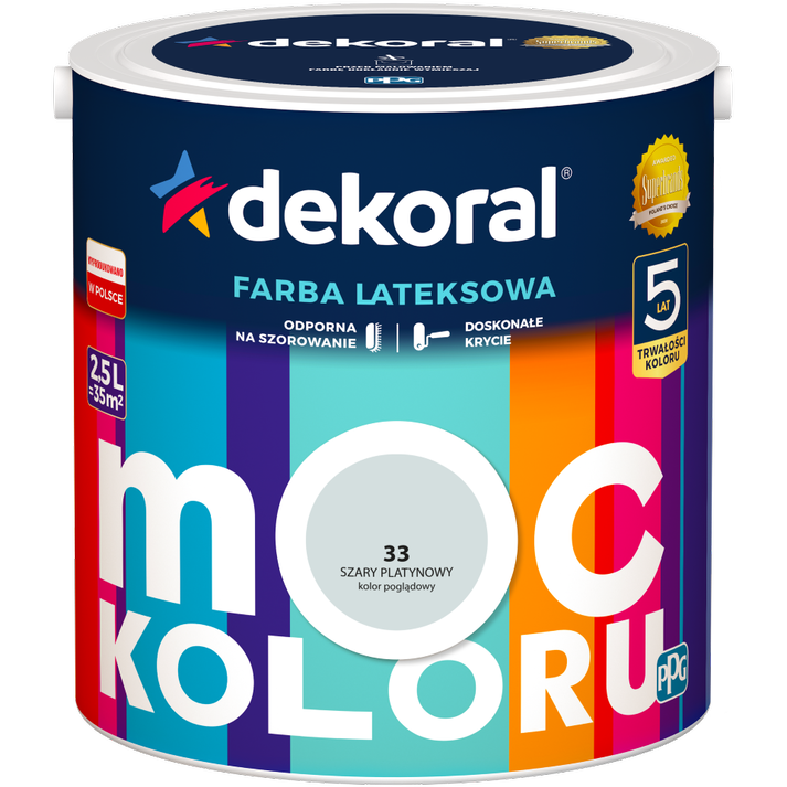 Farba do ścian i sufitów lateksowa DEKORAL MOC KOLORU Szary Platynowy nr 33 mat 2,5l