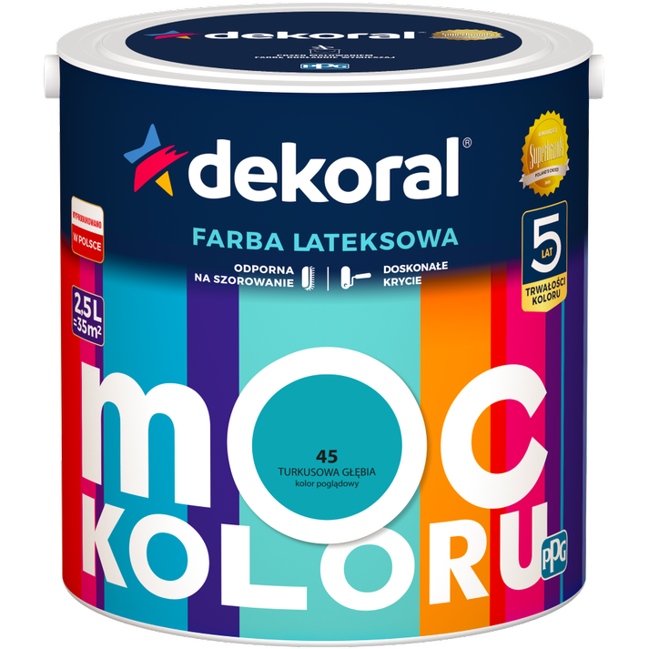 Farba do ścian i sufitów lateksowa DEKORAL MOC KOLORU Turkusowa Głębia nr 45 mat 2,5l