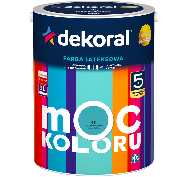 Farba do ścian i sufitów lateksowa DEKORAL MOC KOLORU Turkusowa Głębia nr 45 mat 5l