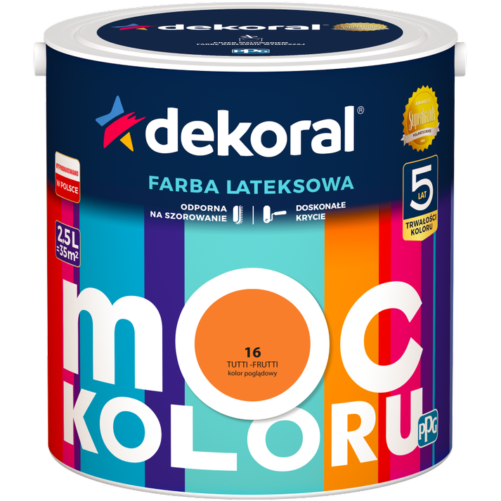 Farba do ścian i sufitów lateksowa DEKORAL MOC KOLORU Tutti-Frutti nr 16 mat 2,5l